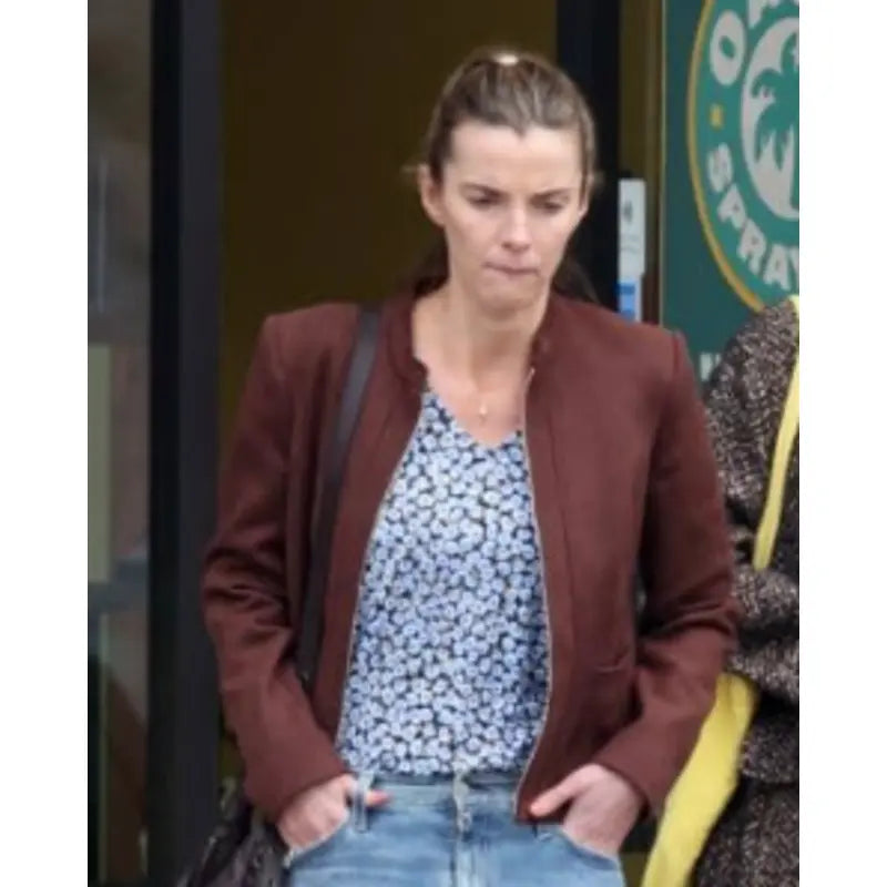 Betty Gilpin Three Women Maroon Leather Jacket