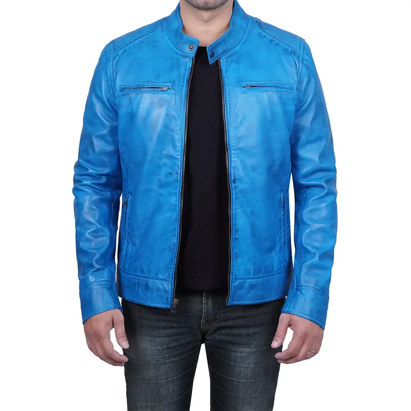 Men's Blue Cafe Racer Dodge Leather Jacket