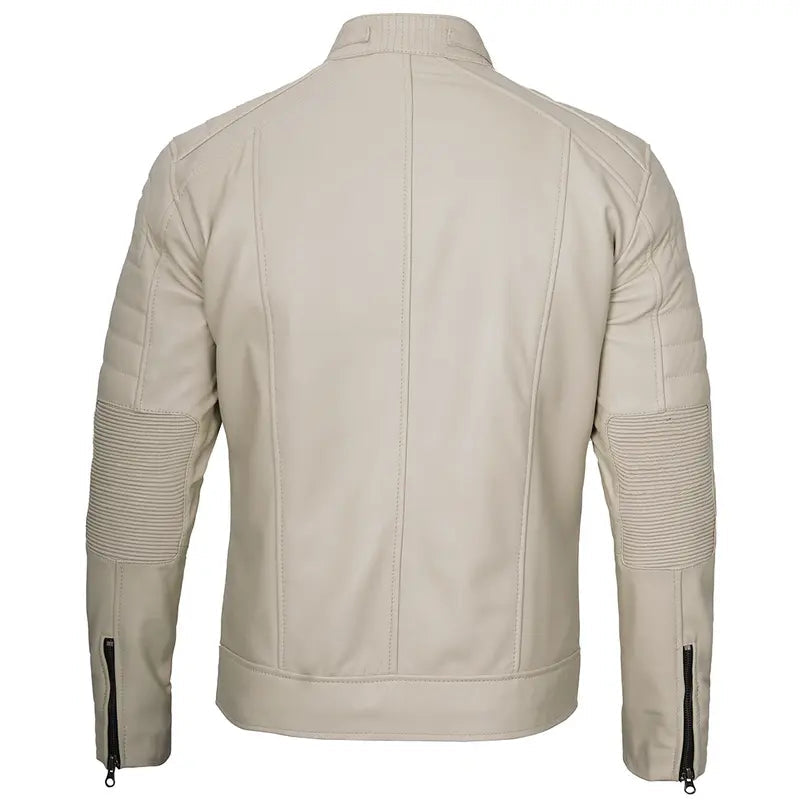 Cafe Racer Beige Real Leather Jacket For Men