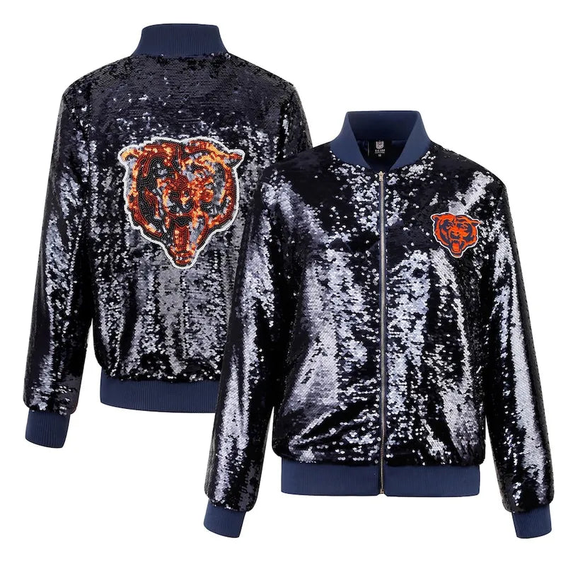 Chicago Bears Navy Sequin Bomber Jacket