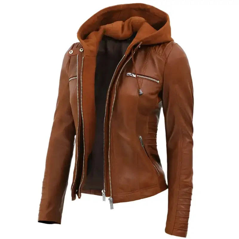 Cognac Slim Fit Hooded Brown Leather Jacket