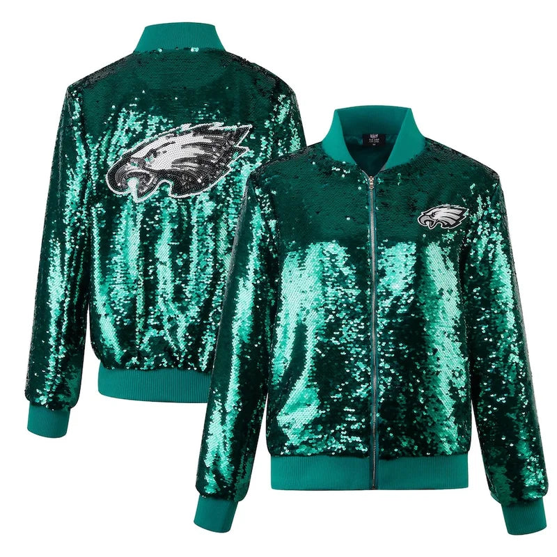 Cuce Green Philadelphia Eagles Full-Zip Sequin Bomber Jacket