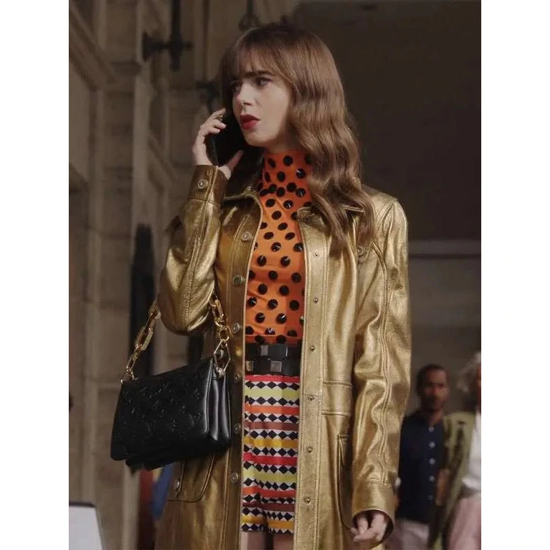 Emily Cooper Emily In Paris Golden Leather Trench Coat