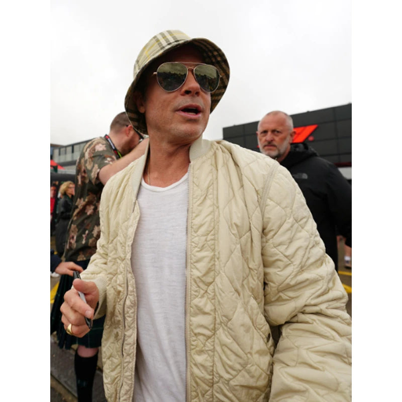 Brad Pitt F1 Beige Quilted Bomber Jacket