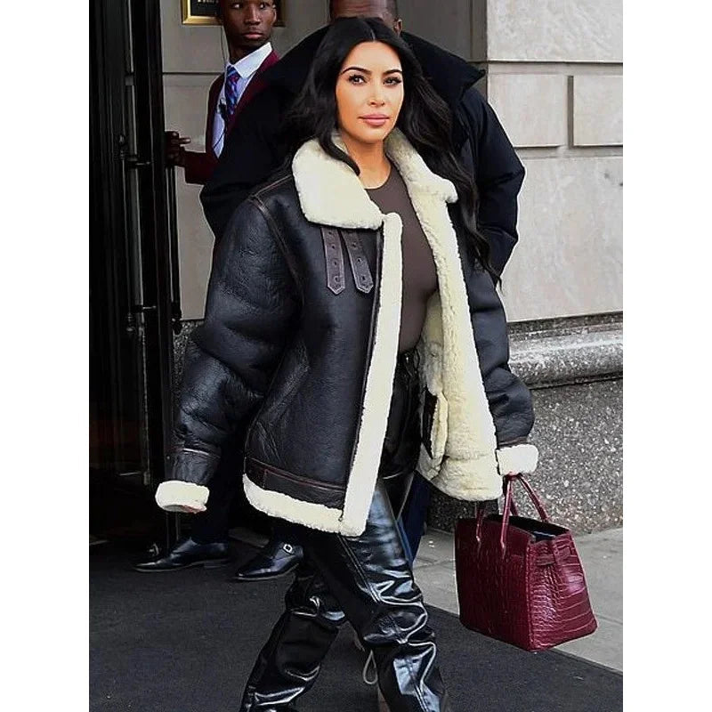 Kim Kardashian Shearling Sheepskin Bomber Jacket