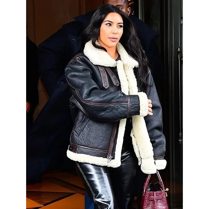 Kim Kardashian Shearling Sheepskin Bomber Jacket