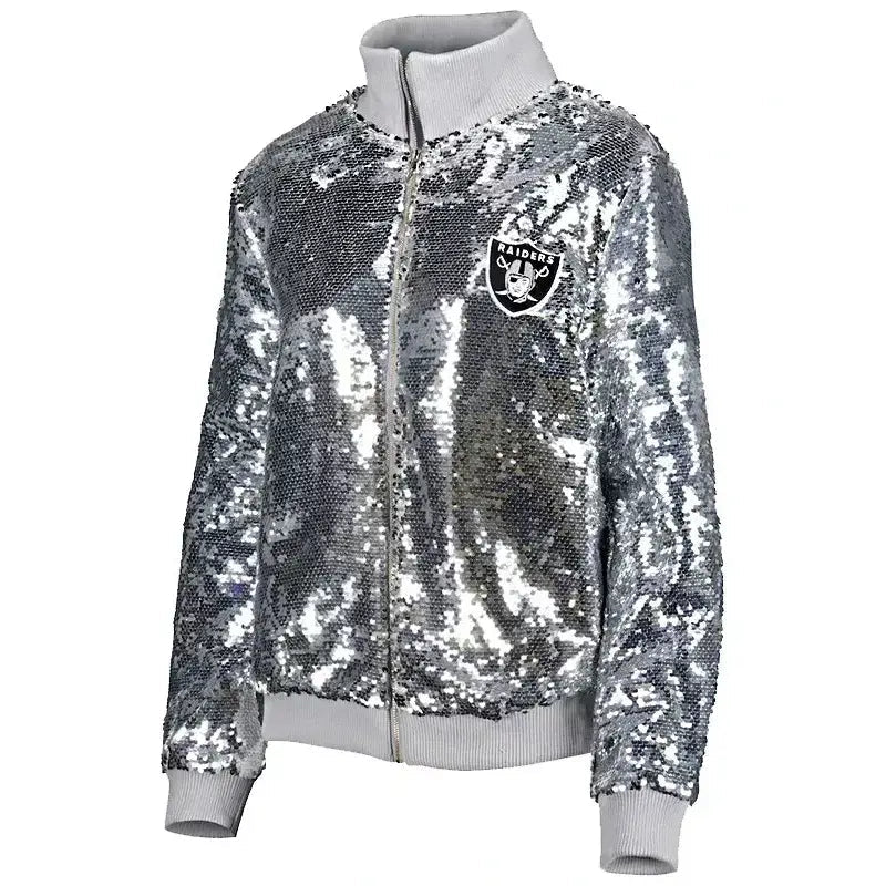 Las Vegas Raiders Silver Sequin Bomber Jacket