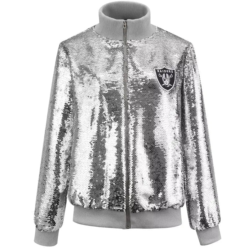 Las Vegas Raiders Silver Sequin Bomber Jacket