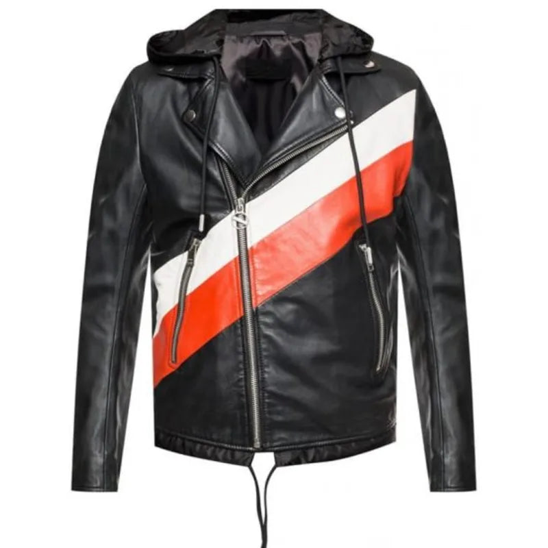 Leather Hooded Biker Jacket For Men