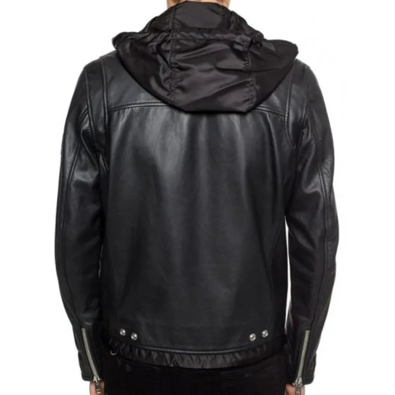 Leather Hooded Biker Jacket For Men