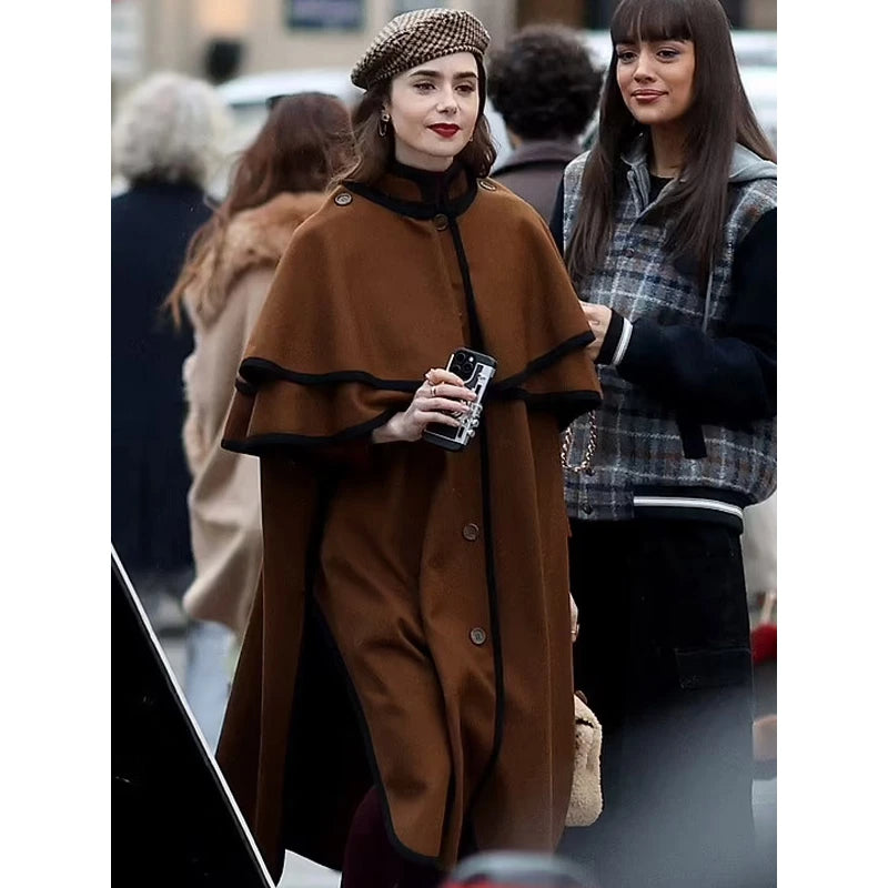 Emily In Paris S04 Emily Cooper Brown Wool Trench Coat