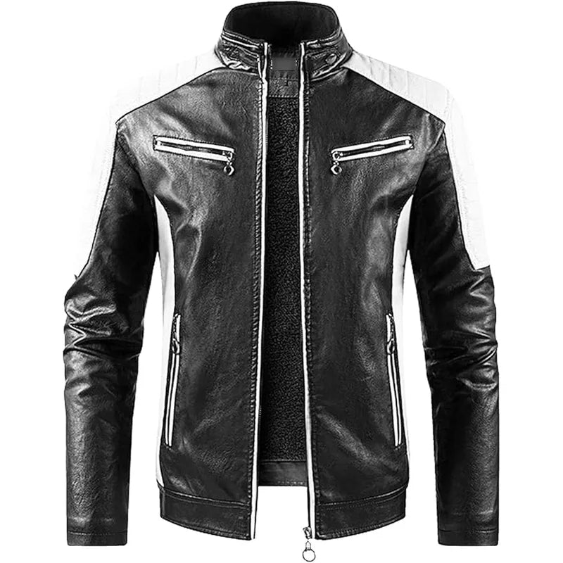 Men's Black and White Cafe Racer Leather Jacket