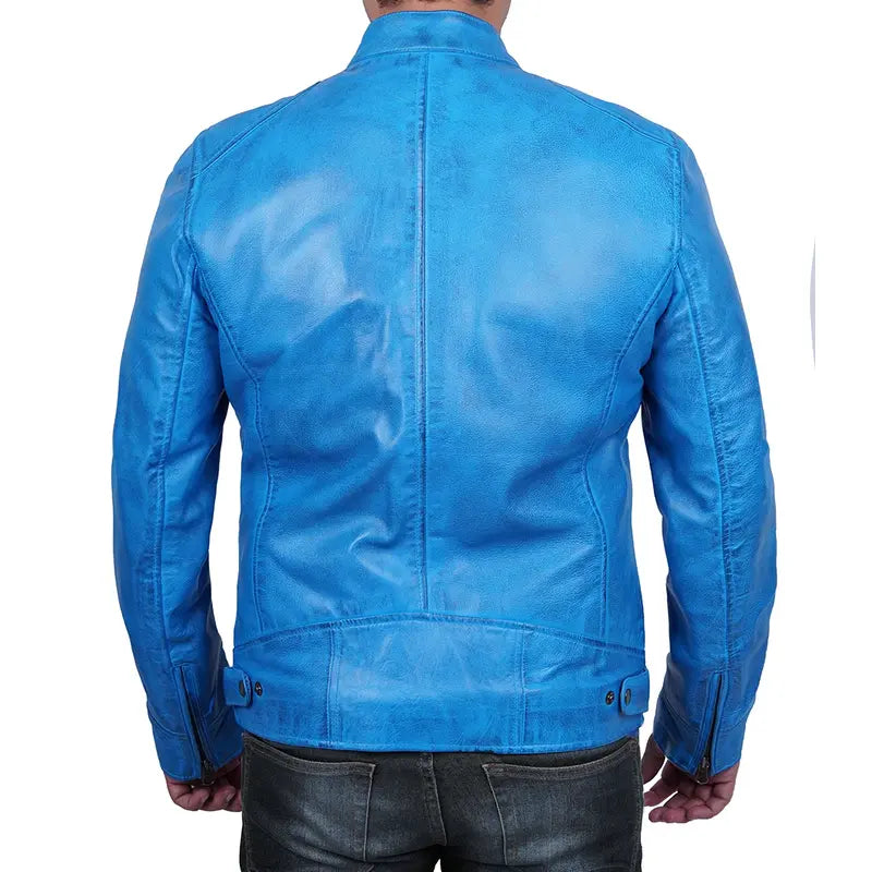 Men's Blue Cafe Racer Dodge Leather Jacket