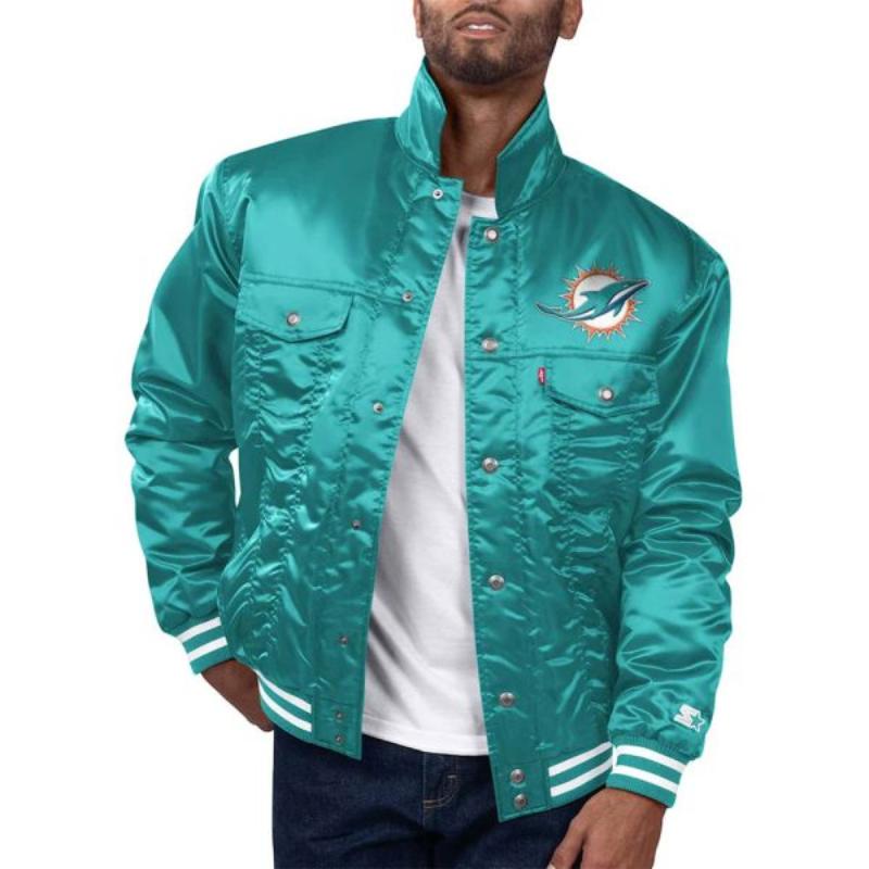 Miami Dolphins Silver Tab Aqua Satin Trucker Jacket