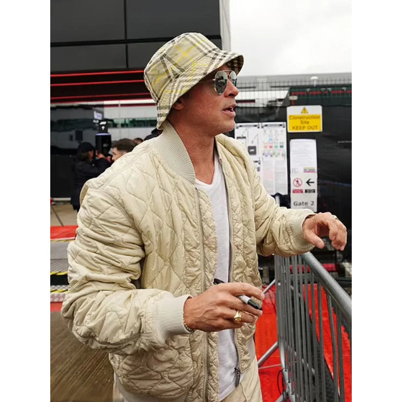 Brad Pitt F1 Beige Quilted Bomber Jacket