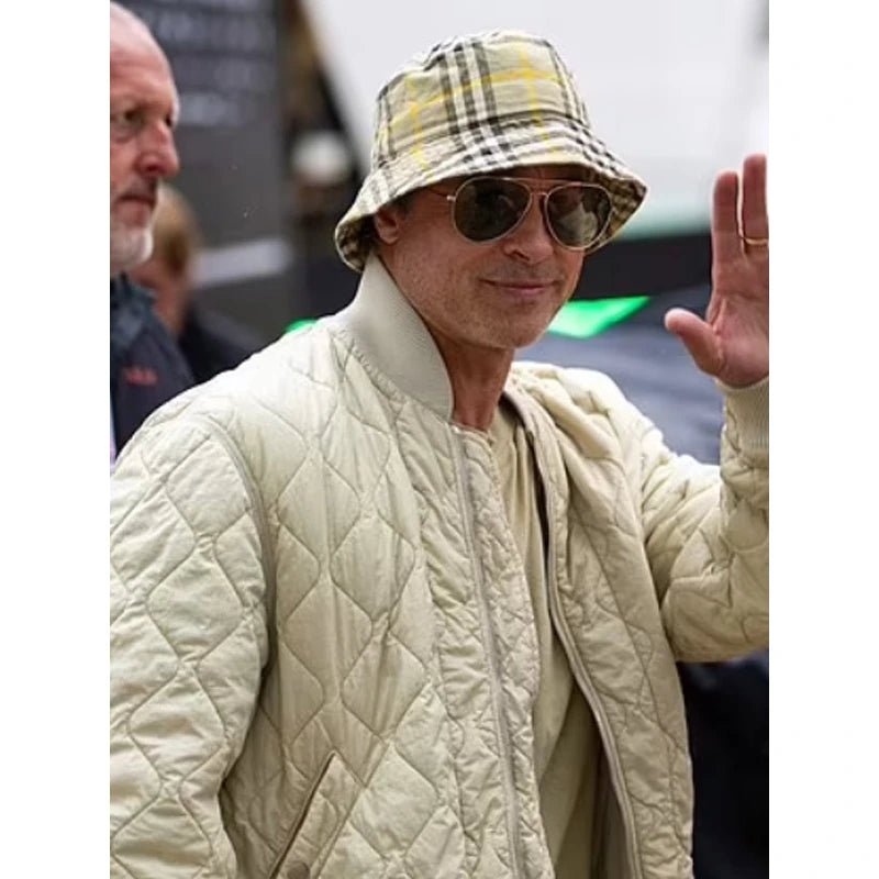 Brad Pitt F1 Beige Quilted Bomber Jacket