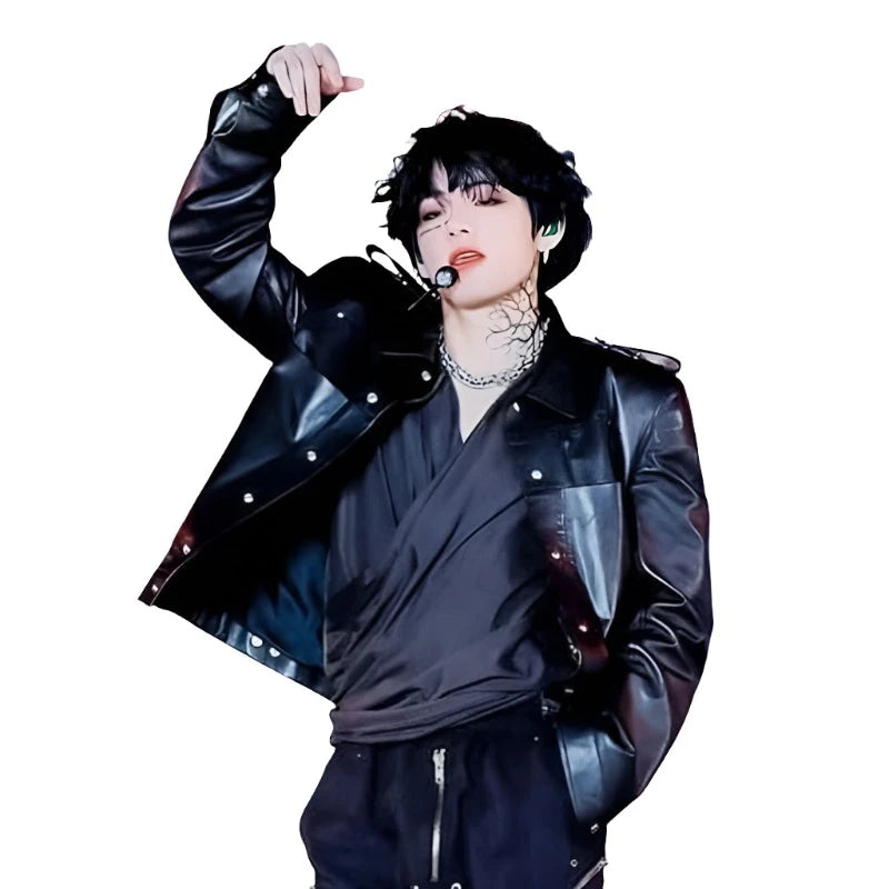 On MV Kim Taehyung Black Leather Jacket