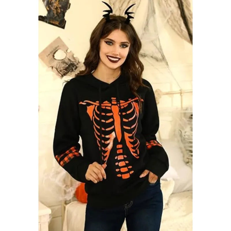 Spadehill Halloween Long Sleeve Pumpkin Orange Skeleton Hoodies
