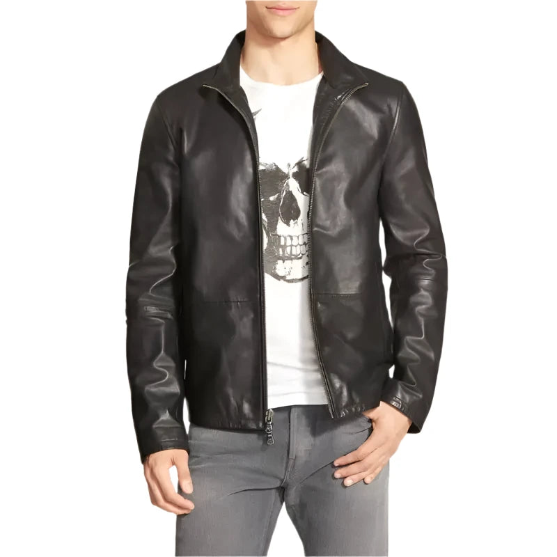 Stylish Black Full-Zip Front Black Leather Jacket