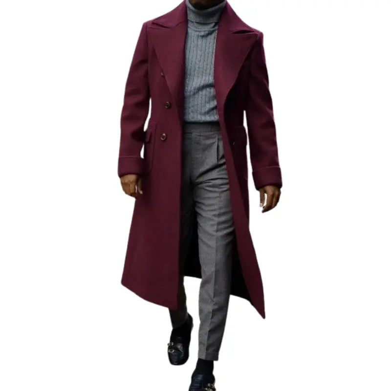 Trendy Men Burgundy Wool Long Coat