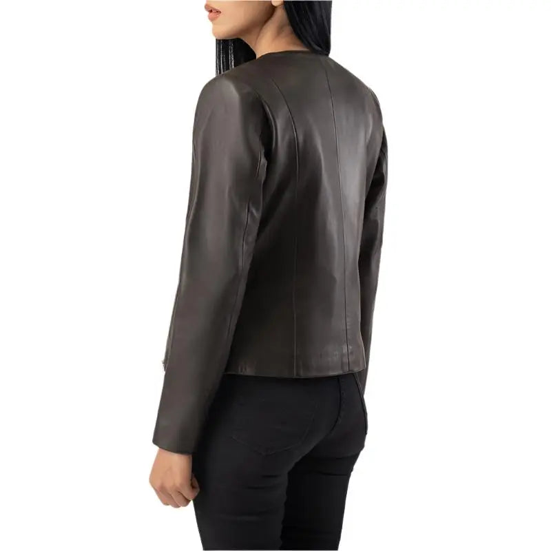 Women's Elixir Collarless Brown Leather Jacket