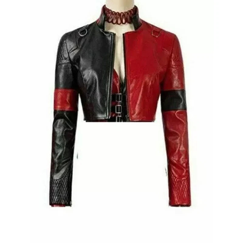 Halloween Style Black and Red Women's Crop Leather Jacket