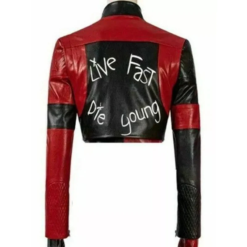 Halloween Style Black and Red Women's Crop Leather Jacket