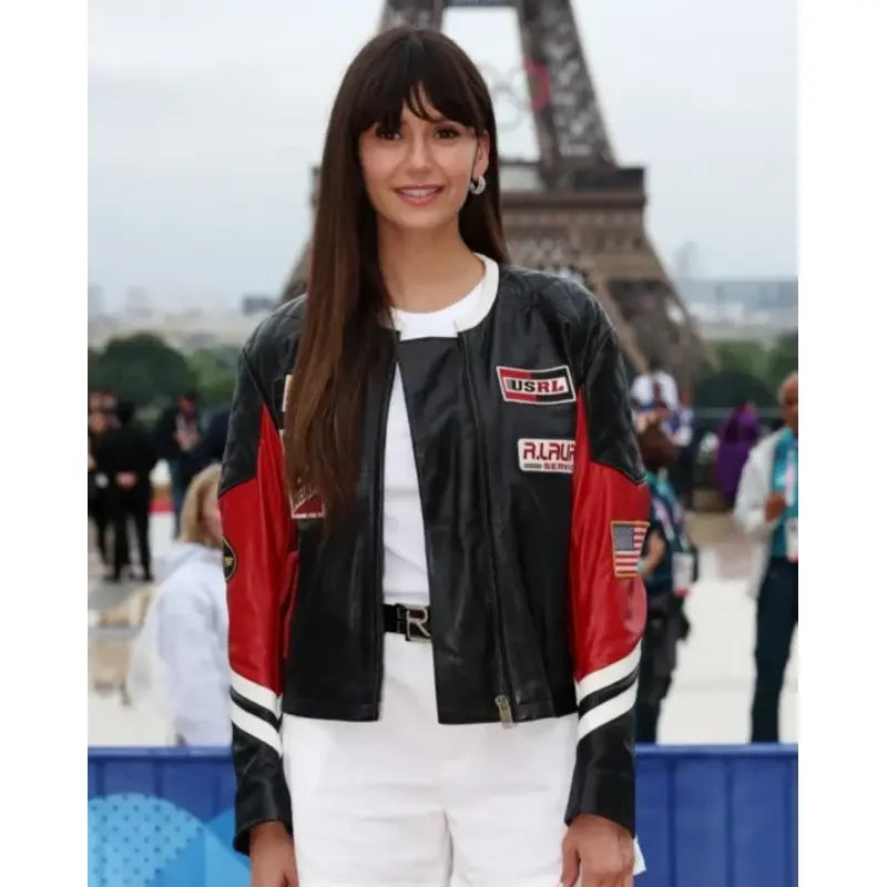 olympics-2024-nina-dobrev-black-leather-jacket