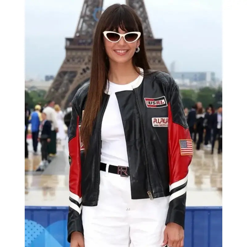 olympics-2024-nina-dobrev-black-leather-jacket