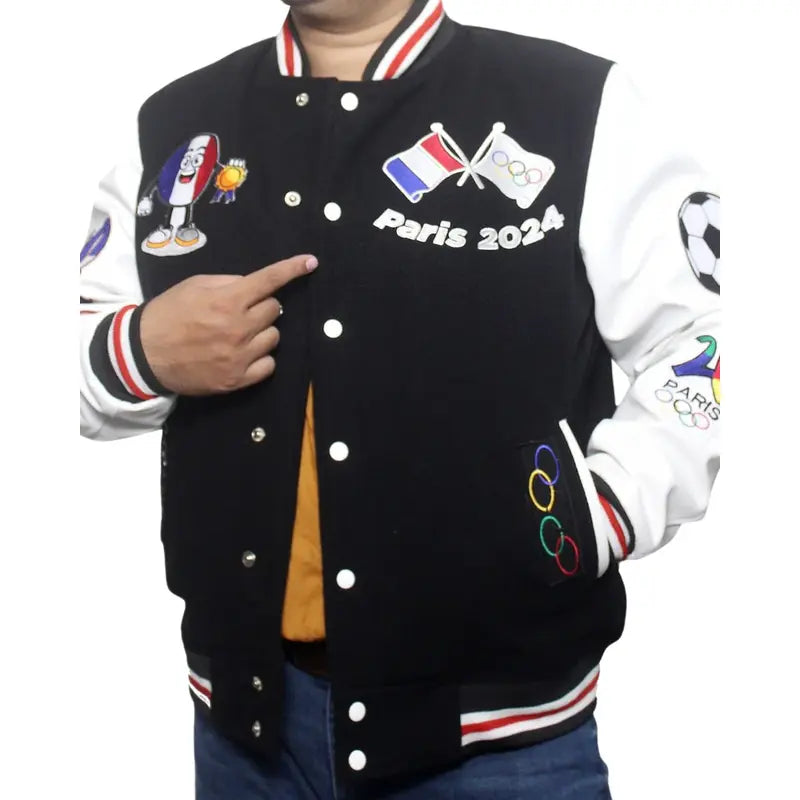 paris-2024-france-olympics-black-varsity-jacket